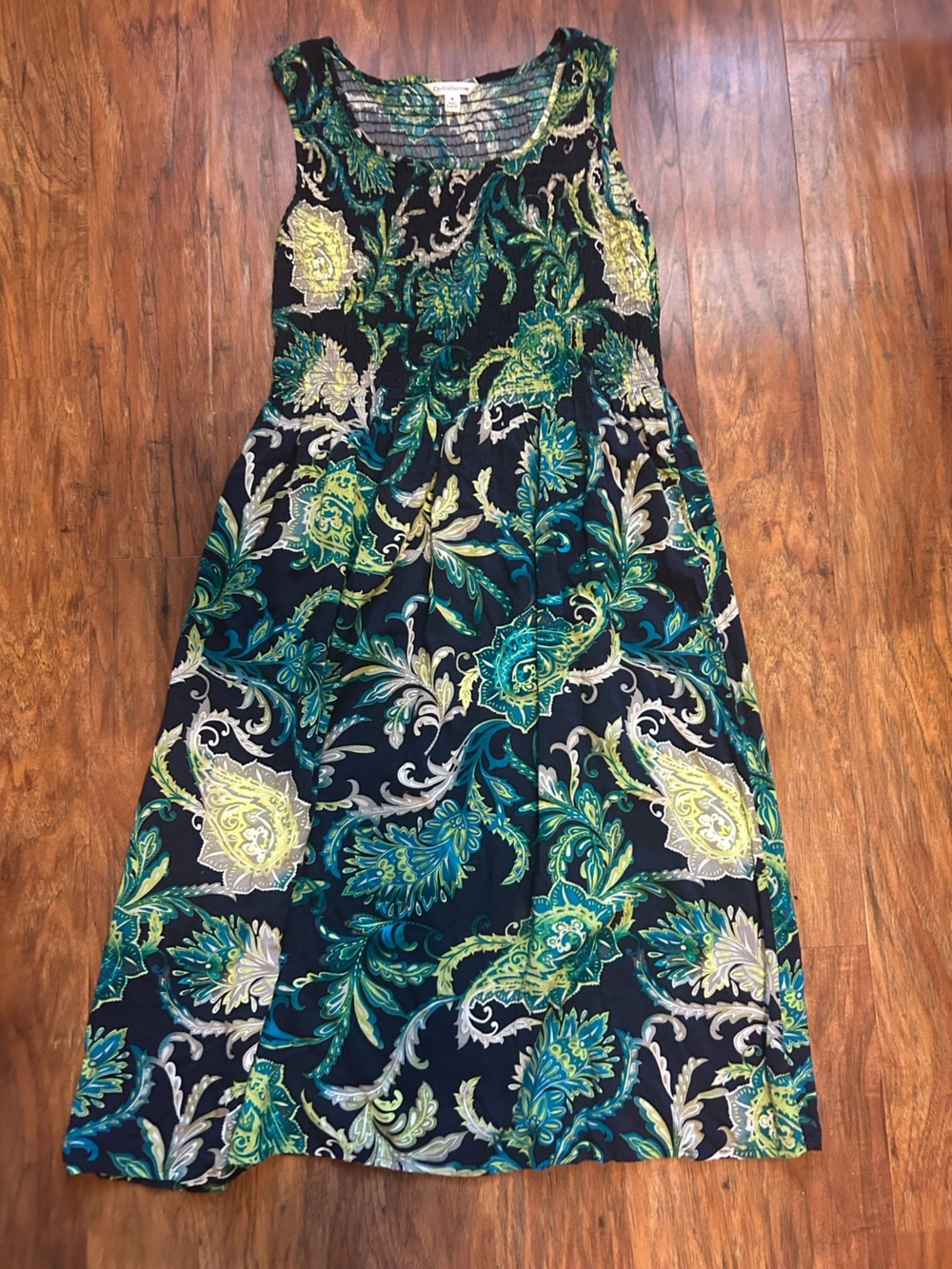 croft & barrow Teal, Lime & Black Paisley Midi Dress Stretchy Comfortable Summer
